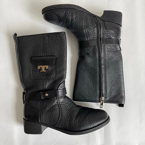 Tory Burch Leona Black Pebbled Leather Mid Calf Moto Boots Size 8 M - Picture 10 of 15